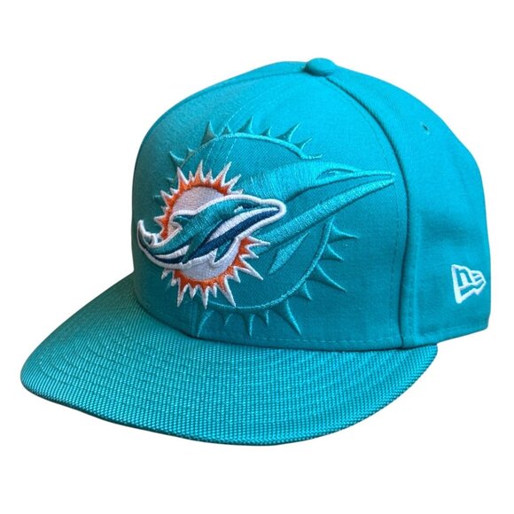Miami Dolphins New Era 59Fifty Fitted‎ Hat Size 7.5 Aqua Blue Orange Embroidered - Picture 1 of 11